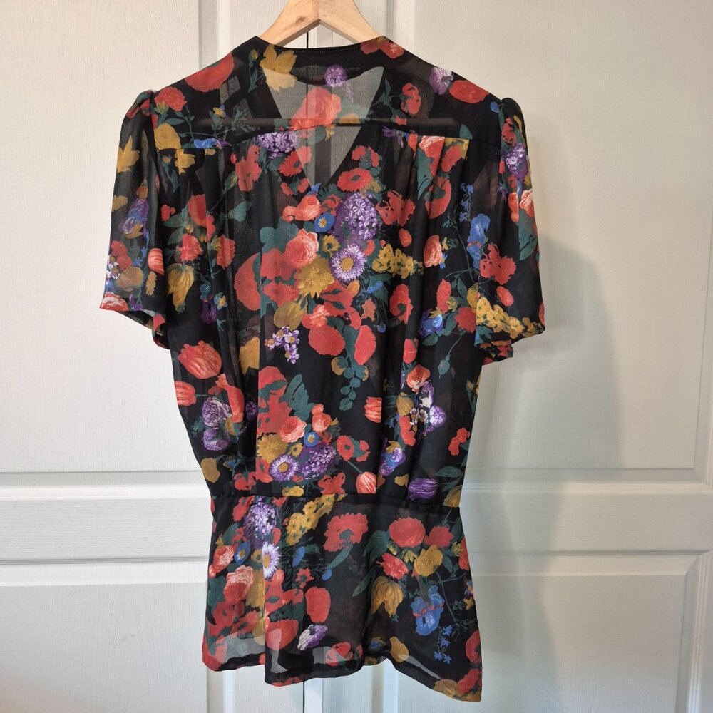 Vintage 80s-90s 1940s-Inspired Sheer Floral Top | Diagonal Buttons | M–L
